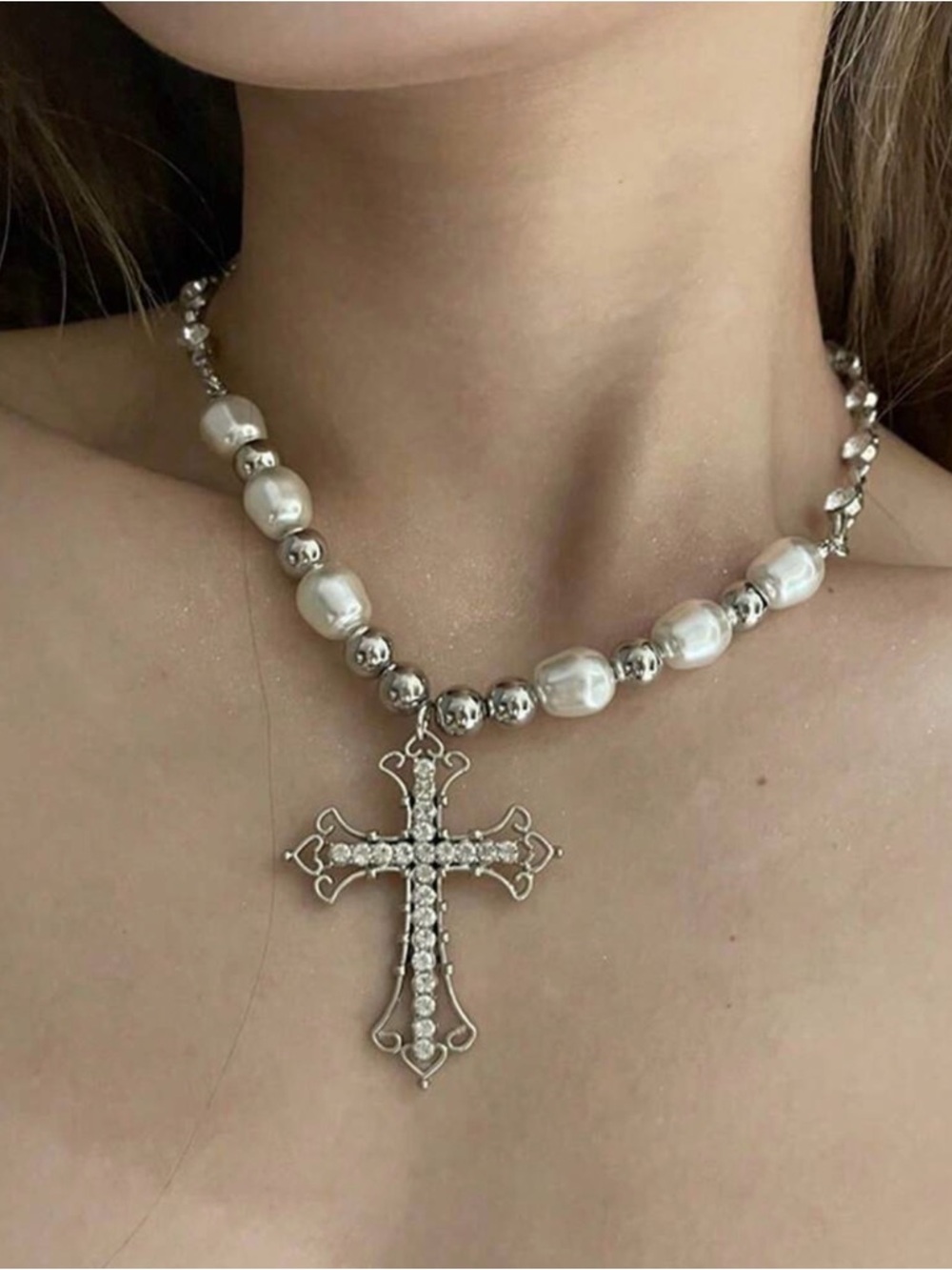 Silver Cross Pearl Necklace - White Pearls